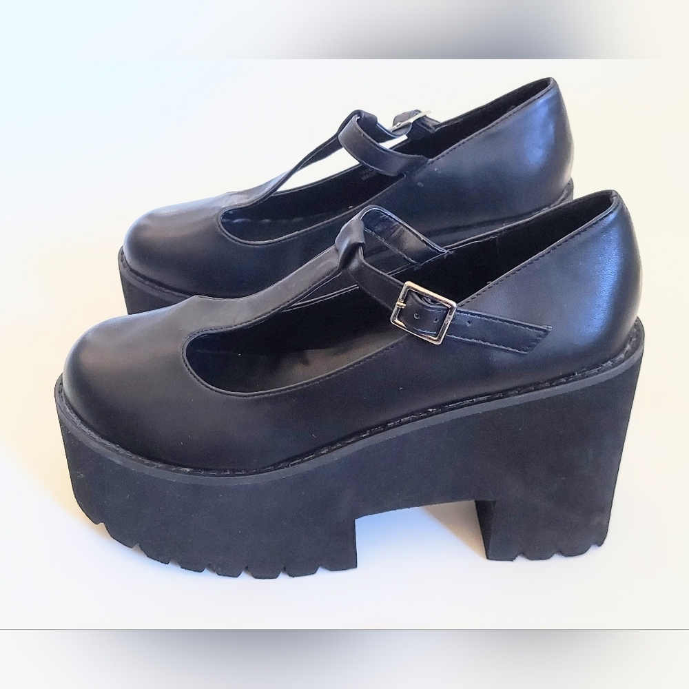 T-strap Platform Chunky High Heel Shoes Black Womens Size 10W